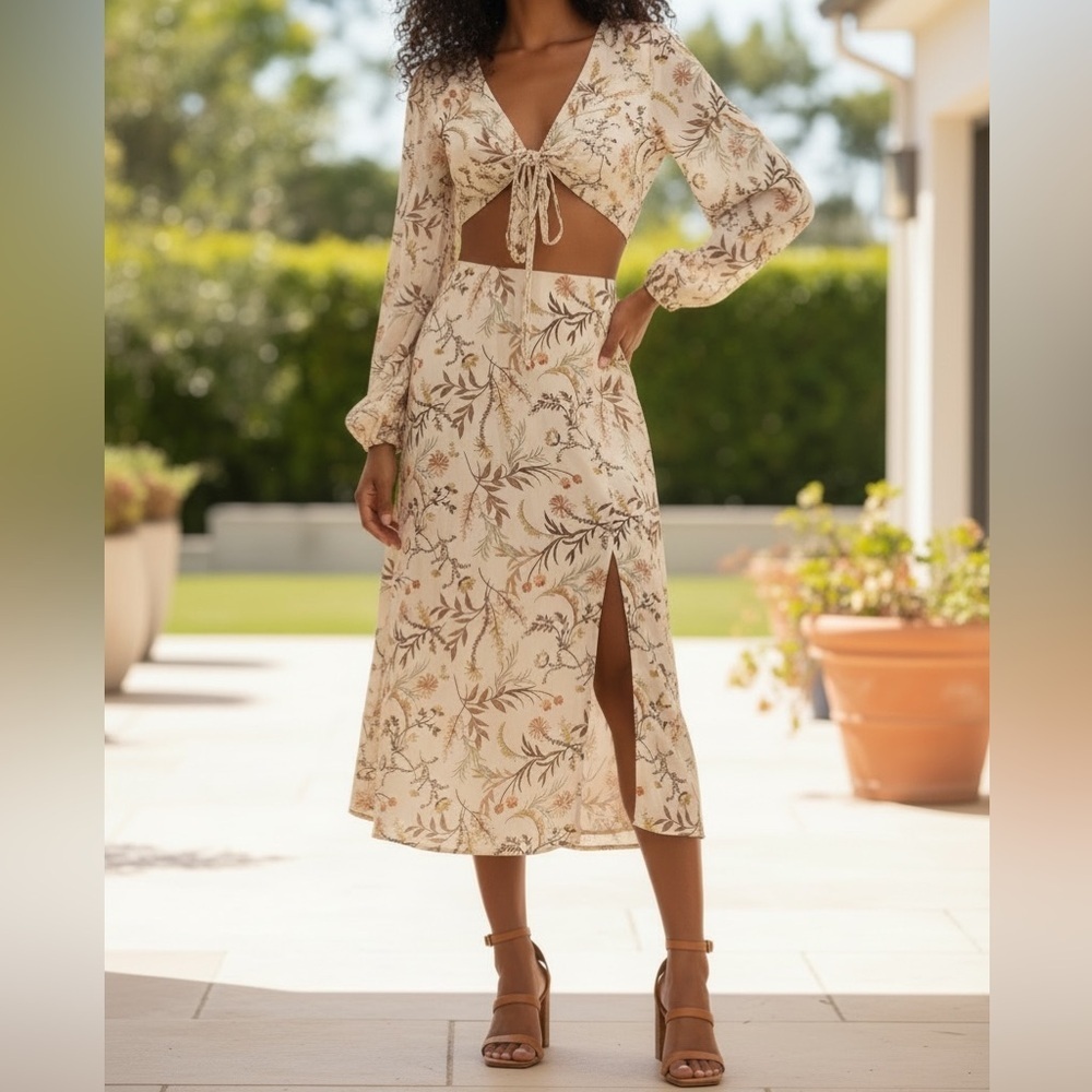 Endless Blu Boho Floral Cutout Cottagecore Lantern Sleeve Midi Dress | Size S